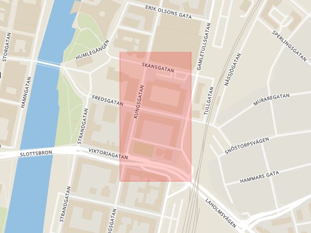 Karta som med röd fyrkant ramar in Halmstad, Stiftelsegatan, Fredsgatan, Bageriet, Hallands län