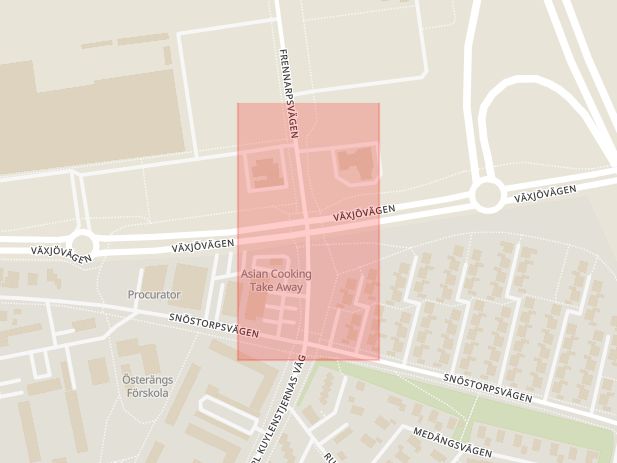 Karta som med röd fyrkant ramar in Carl Kuylenstjernas Väg, Växjövägen, Halmstad, Hallands län