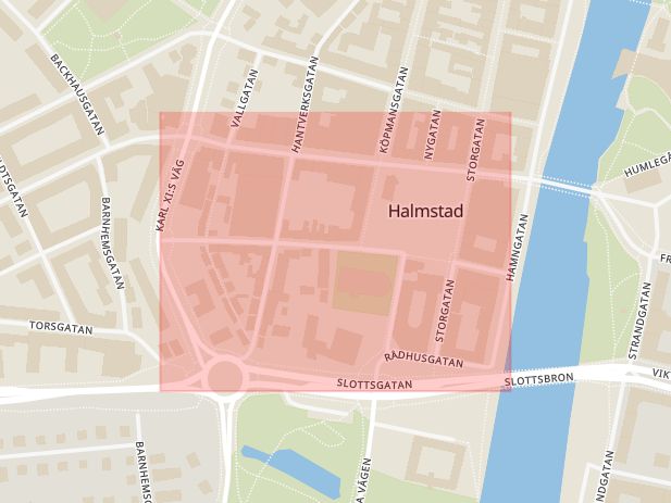 Karta som med röd fyrkant ramar in Stora Torg, Kyrkogatan, Halmstad, Hallands län