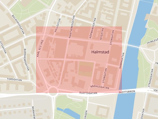 Karta som med röd fyrkant ramar in Kyrkogatan, Halmstad, Hallands län