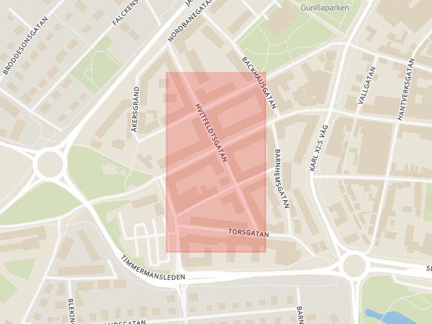 Karta som med röd fyrkant ramar in Halmstad, Hvitfeldtsgatan, Brogatan, Kungsbacka, Hjälmared, Hallands län