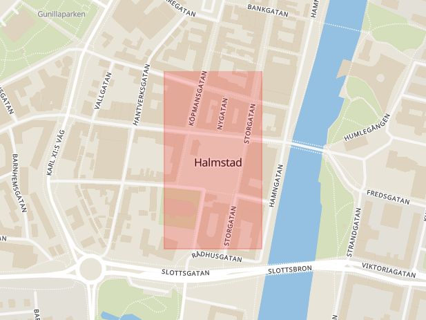 Karta som med röd fyrkant ramar in Stora Torg, Hända, Halmstad, Hallands län