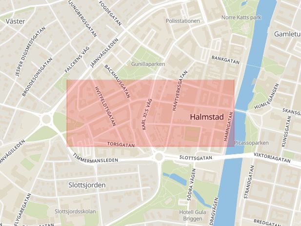Karta som med röd fyrkant ramar in Halmstad, Grönevångs Torg, Falkenberg, Brogatan, Hallands län