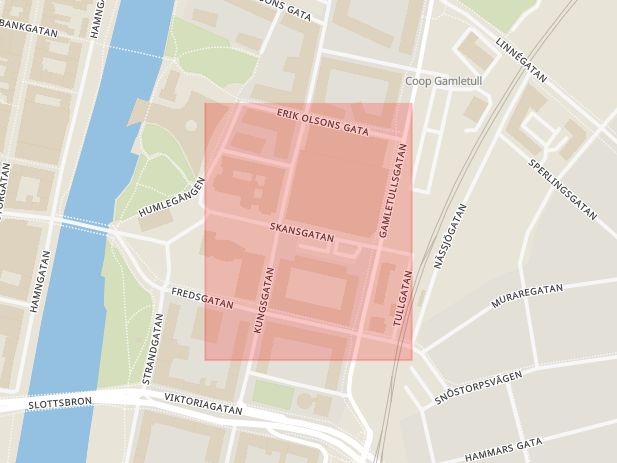Karta som med röd fyrkant ramar in Skansgatan, Halmstad, Hallands län