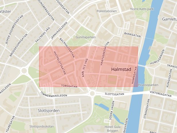 Karta som med röd fyrkant ramar in Halmstad, Broddesonsgatan, Brogatan, Varberg, Hallands län