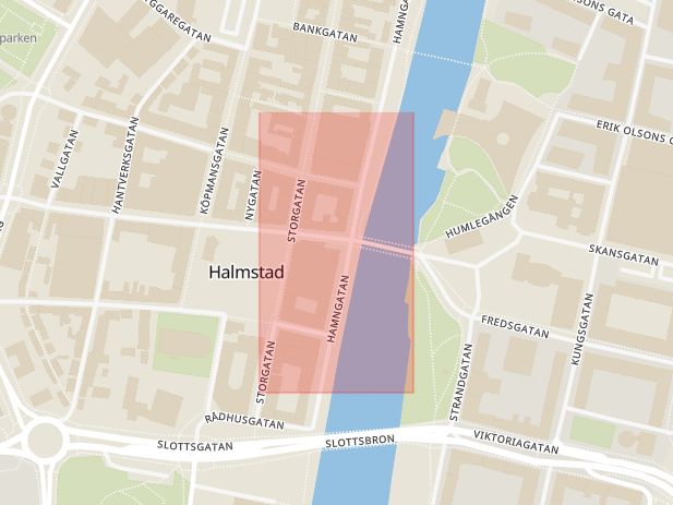 Karta som med röd fyrkant ramar in Halmstad, Brogatan, Kungsbacka, Storgatan, Hallands län