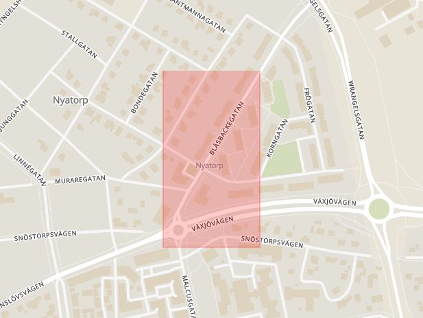 Karta som med röd fyrkant ramar in Nyatorp, Muraregatan, Halmstad, Hallands län