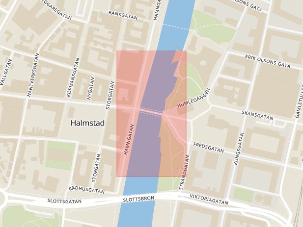 Karta som med röd fyrkant ramar in Halmstad, Österbro, Hallands län
