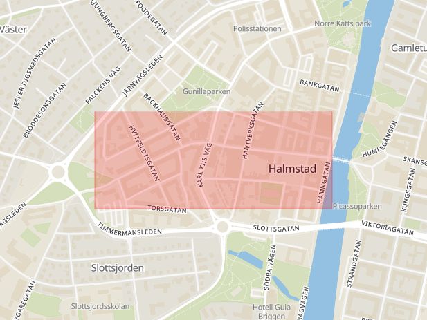 Karta som med röd fyrkant ramar in Halmstad, Brogatan, Blästergatan, Hallands län