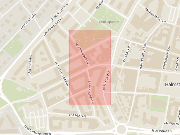 Karta som med röd fyrkant ramar in Backhausgatan, Brogatan, Halmstad, Hallands län