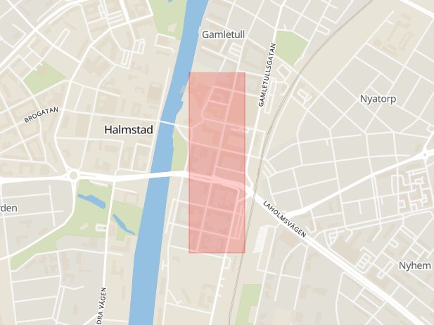 Karta som med röd fyrkant ramar in Kungsgatan, Stationsgatan, Marknadsplatsen, Halmstad, Hallands län
