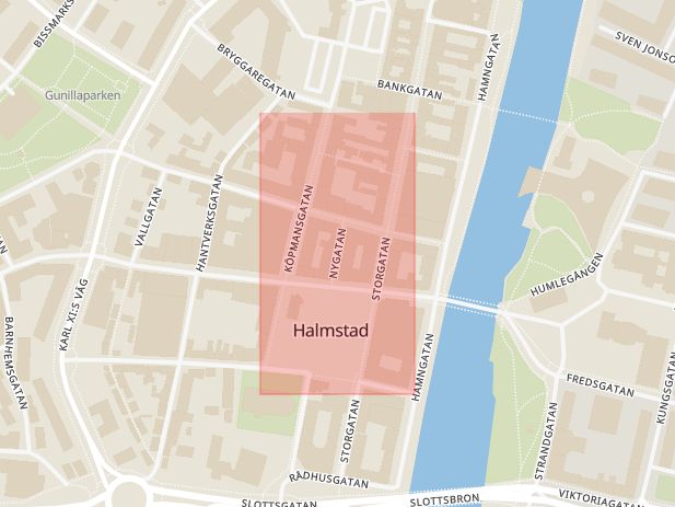 Karta som med röd fyrkant ramar in Falkenberg, Nygatan, Halmstad, Bissmarksgatan, Teknikvägen, Hallands län