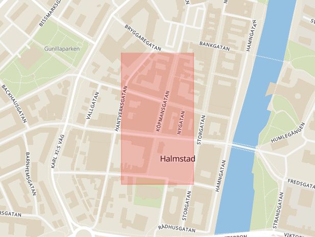 Karta som med röd fyrkant ramar in Halmstad, Brogatan, Accent, Hallands län
