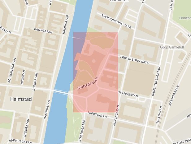 Karta som med röd fyrkant ramar in Halmstad, Stadsbiblioteket, Falkenberg, Kapell, Prästvägen, Hallands län