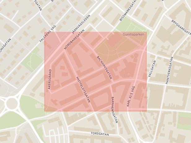 Karta som med röd fyrkant ramar in Halmstad, Stenvinkelsgatan, Gunillagatan, Hallands län