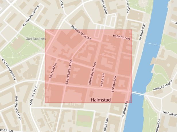 Karta som med röd fyrkant ramar in Halmstad, Klammerdammsgatan, Halland, Hallands län