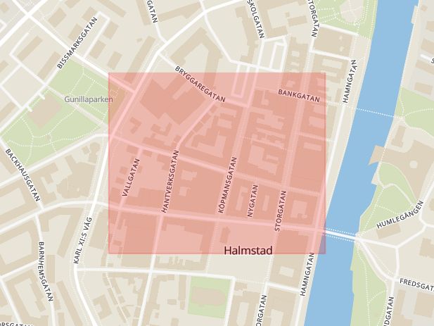 Karta som med röd fyrkant ramar in Klammerdammsgatan, Halmstad, Hallands län