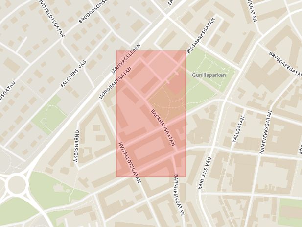 Karta som med röd fyrkant ramar in Halmstad, Backhausgatan, Fyllinge, Hallands län