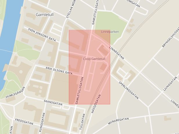 Karta som med röd fyrkant ramar in Halmstad, Coop Gamletull, Resecentrum, Hallands län