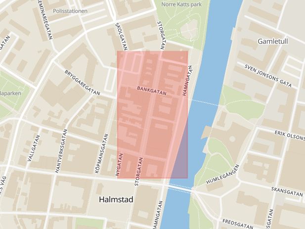 Karta som med röd fyrkant ramar in Storgatan, Apoteket Shop, Bastionen, Halmstad, Hallands län