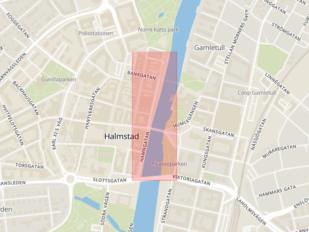 Karta som med röd fyrkant ramar in Halmstad, Hamngatan, Hallands län