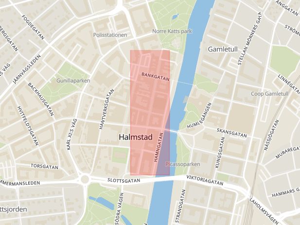 Karta som med röd fyrkant ramar in Storgatan, Halmstad, Hallands län