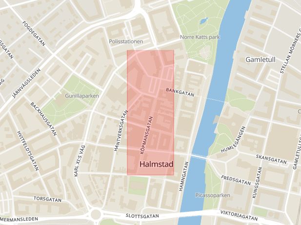 Karta som med röd fyrkant ramar in Köpmansgatan, Halmstad, Hallands län