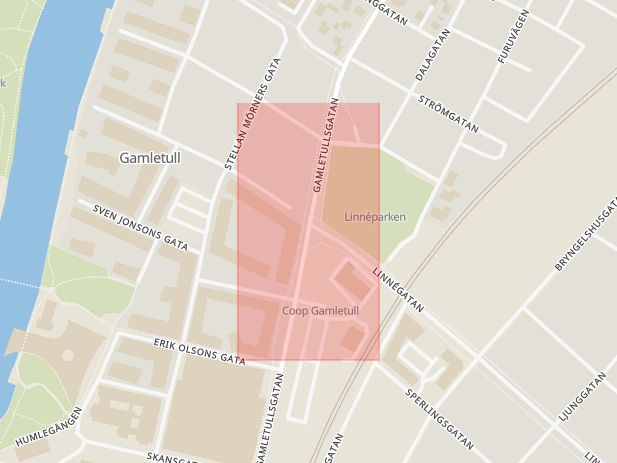 Karta som med röd fyrkant ramar in Gamletullsgatan, Linnégatan, Halmstad, Hallands län