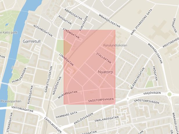 Karta som med röd fyrkant ramar in Halmstad, Storgatan, Bryngelshusgatan, Hallands län