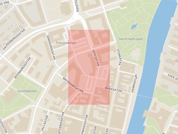 Karta som med röd fyrkant ramar in Halmstad, Källegatan, Hallands län