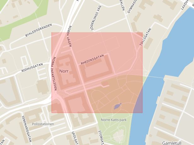 Karta som med röd fyrkant ramar in Halmstad, Badhusgatan, Hallands län