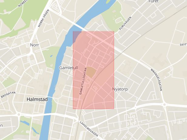 Karta som med röd fyrkant ramar in Halmstad, Gamletullsgatan, Hallands län