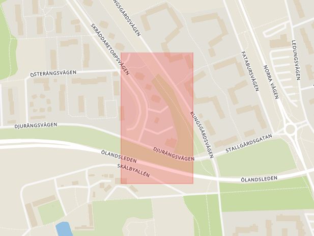 Karta som med röd fyrkant ramar in Djurängen, Lybecksvägen, Kalmar, Kalmar län