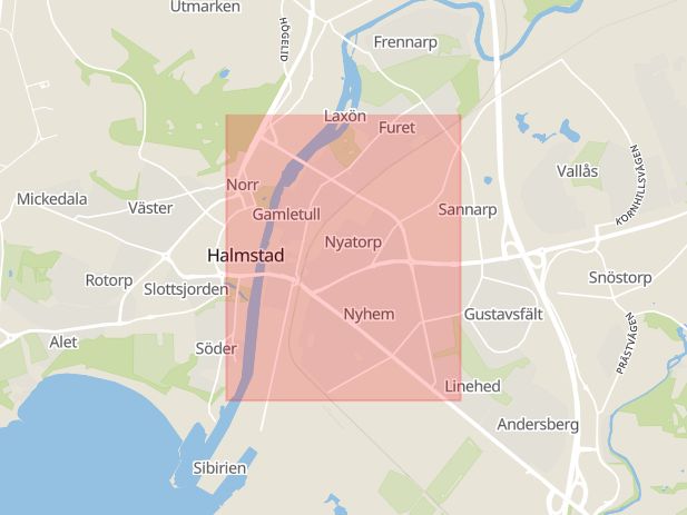 Karta som med röd fyrkant ramar in Wrangelsgatan, Halmstad, Hallands län