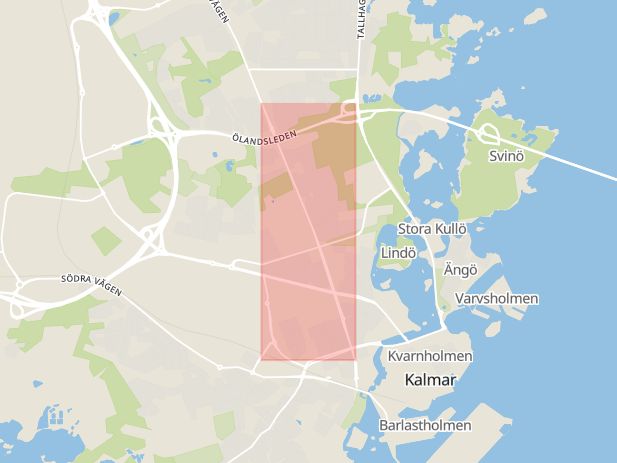 Karta som med röd fyrkant ramar in Malmen, Norra Vägen, Kalmar, Kalmar län
