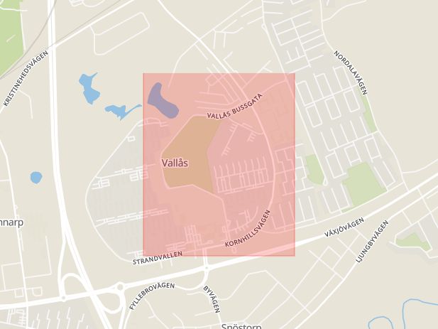 Karta som med röd fyrkant ramar in Halmstad, Tippgången, Bussgatan, Hallands län