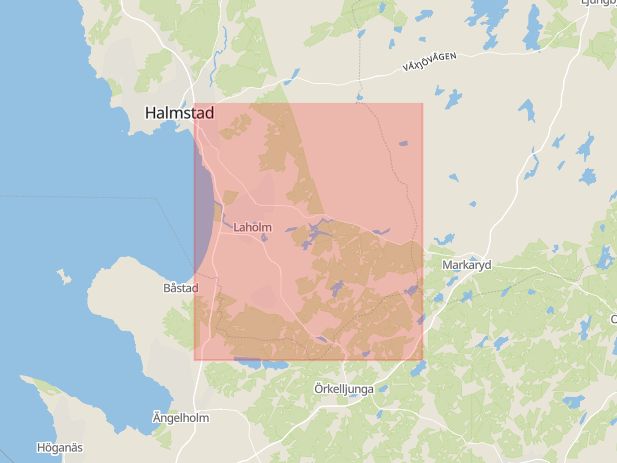 Karta som med röd fyrkant ramar in Laholm, Almas Väg, Halmstad, Brogatan, Regnbågen, Hallands län