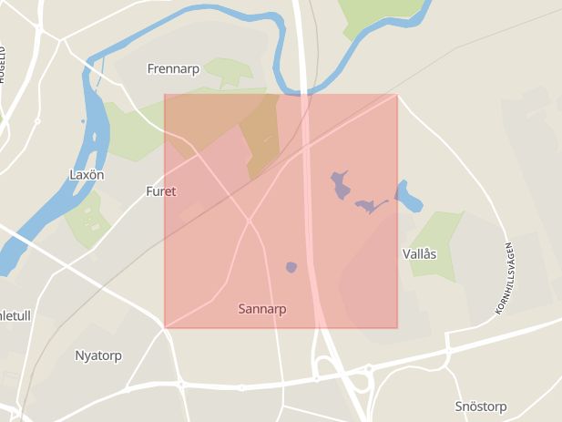 Karta som med röd fyrkant ramar in Halmstad, Kristinehedsvägen, Kungsbacka, Rossaredsvägen, Hallands län