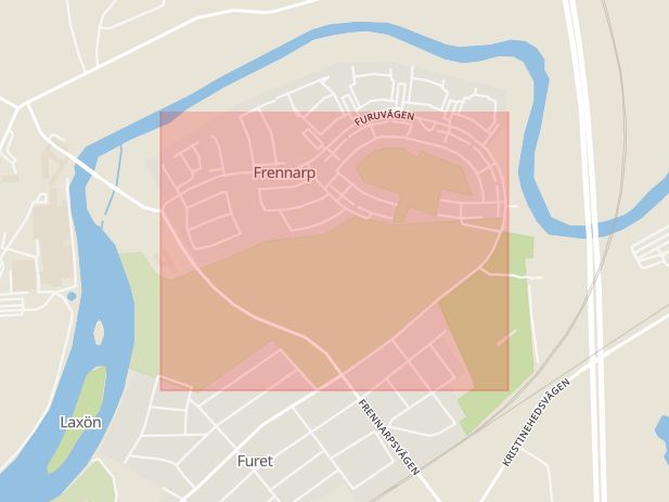 Karta som med röd fyrkant ramar in Halmstad, Furuvägen, Frennarp, Hallands län