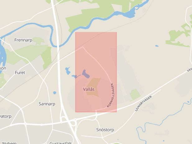 Karta som med röd fyrkant ramar in Halmstad, Kornhillsvägen, Hallands län