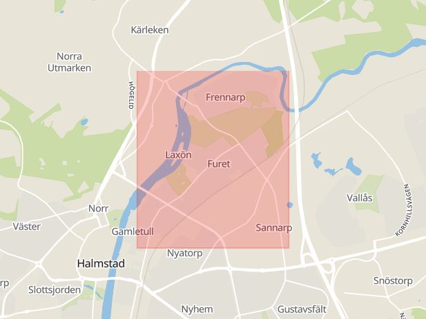 Karta som med röd fyrkant ramar in Furuvägen, Halmstad, Hallands län