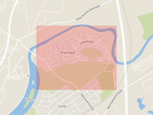 Karta som med röd fyrkant ramar in Frennarp, Halmstad, Furet, Nyatorp, Hallands län