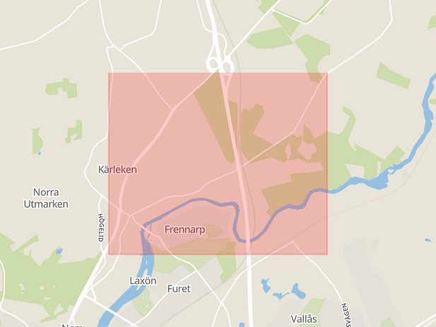 Karta som med röd fyrkant ramar in Sperlingsholmsvägen, Hallands län