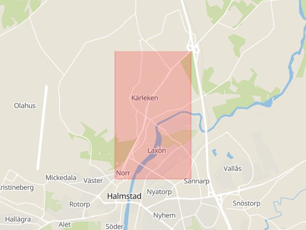 Karta som med röd fyrkant ramar in Halmstad, Norra Infartsleden, Varberg, Grimeton, Hallands län