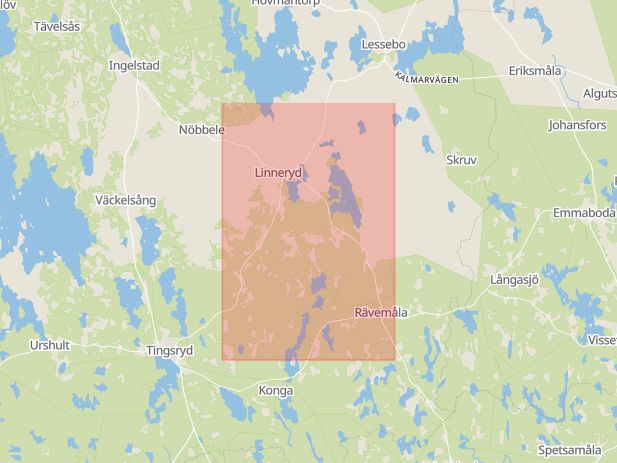 Karta som med röd fyrkant ramar in Linneryd, Växjö, Kronobergs län
