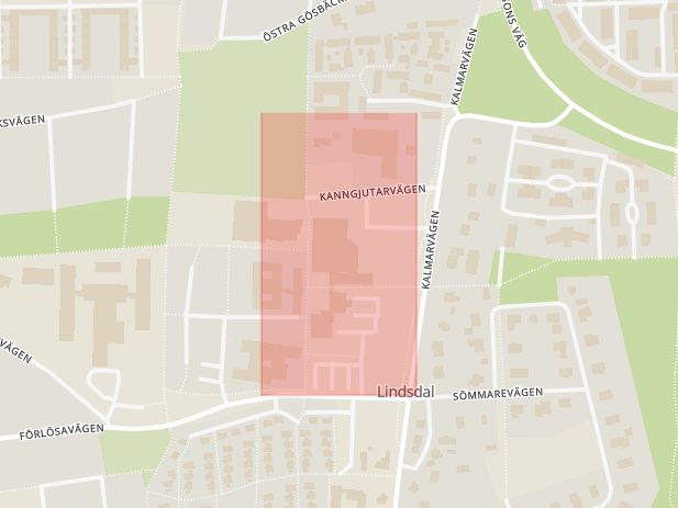 Karta som med röd fyrkant ramar in Lindsdal, Kanngjutarvägen, Kalmar, Kalmar län