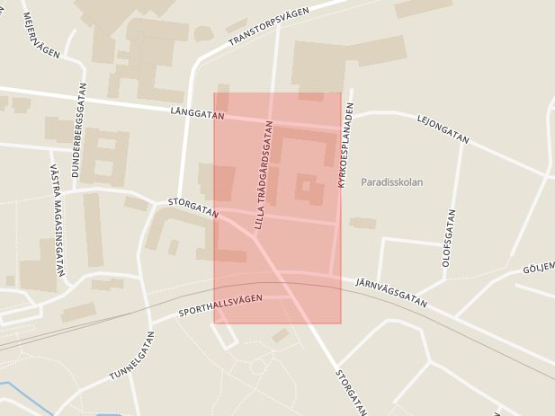 Karta som med röd fyrkant ramar in Kyrkogatan, Nybro, Kalmar län