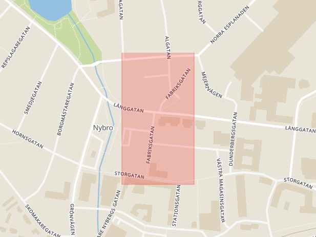 Karta som med röd fyrkant ramar in Fabriksgatan, Nybro, Kalmar län