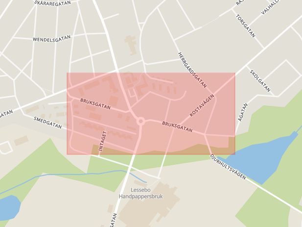 Karta som med röd fyrkant ramar in Bruksgatan, Lessebo, Kronobergs län