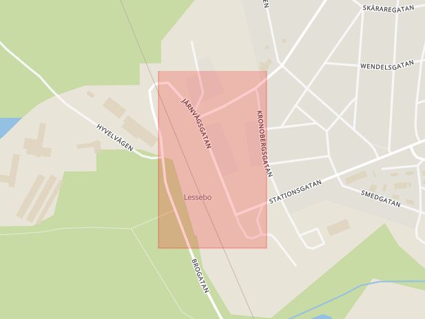 Karta som med röd fyrkant ramar in Järnvägsgatan, Lessebo, Kronobergs län